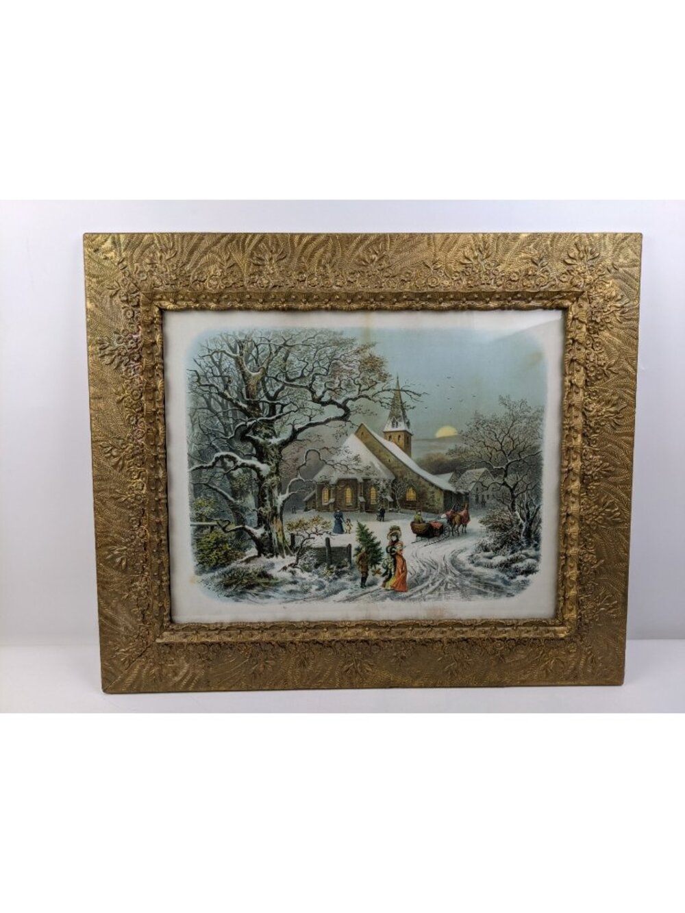 J. PARKER the final requisite print winter evening church scene framed 22" x 26"